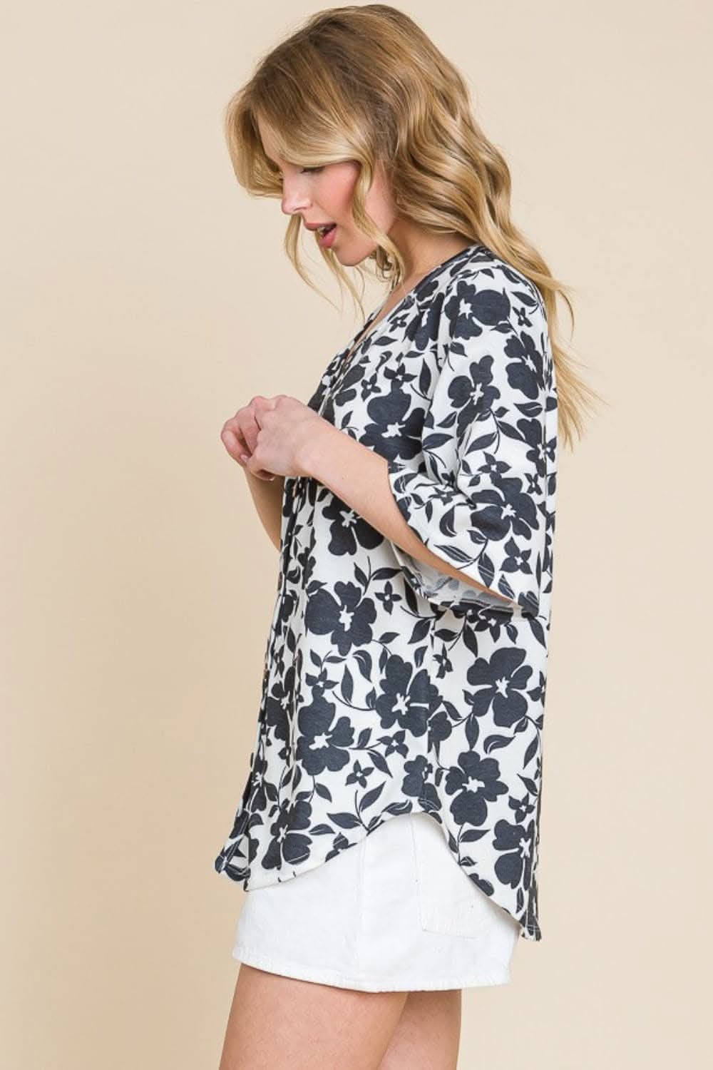 BOMBOM Floral Decorative Button V-Neck Top - Love Salve