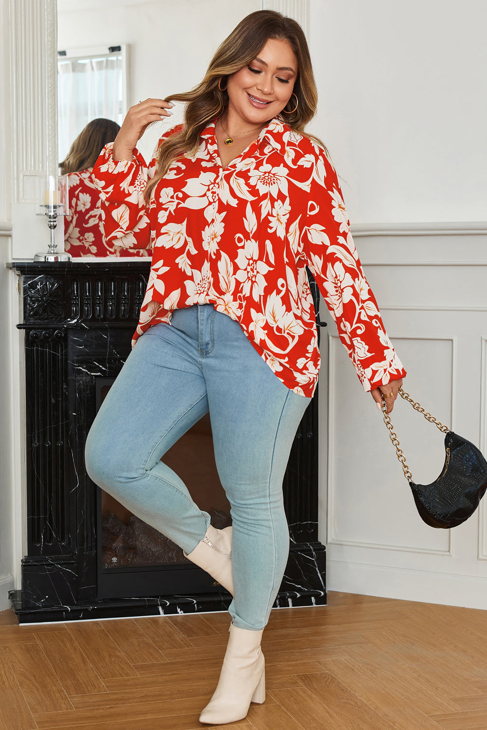 Premium Red Plus Size Floral Print Loose Button Up Shirt For Women