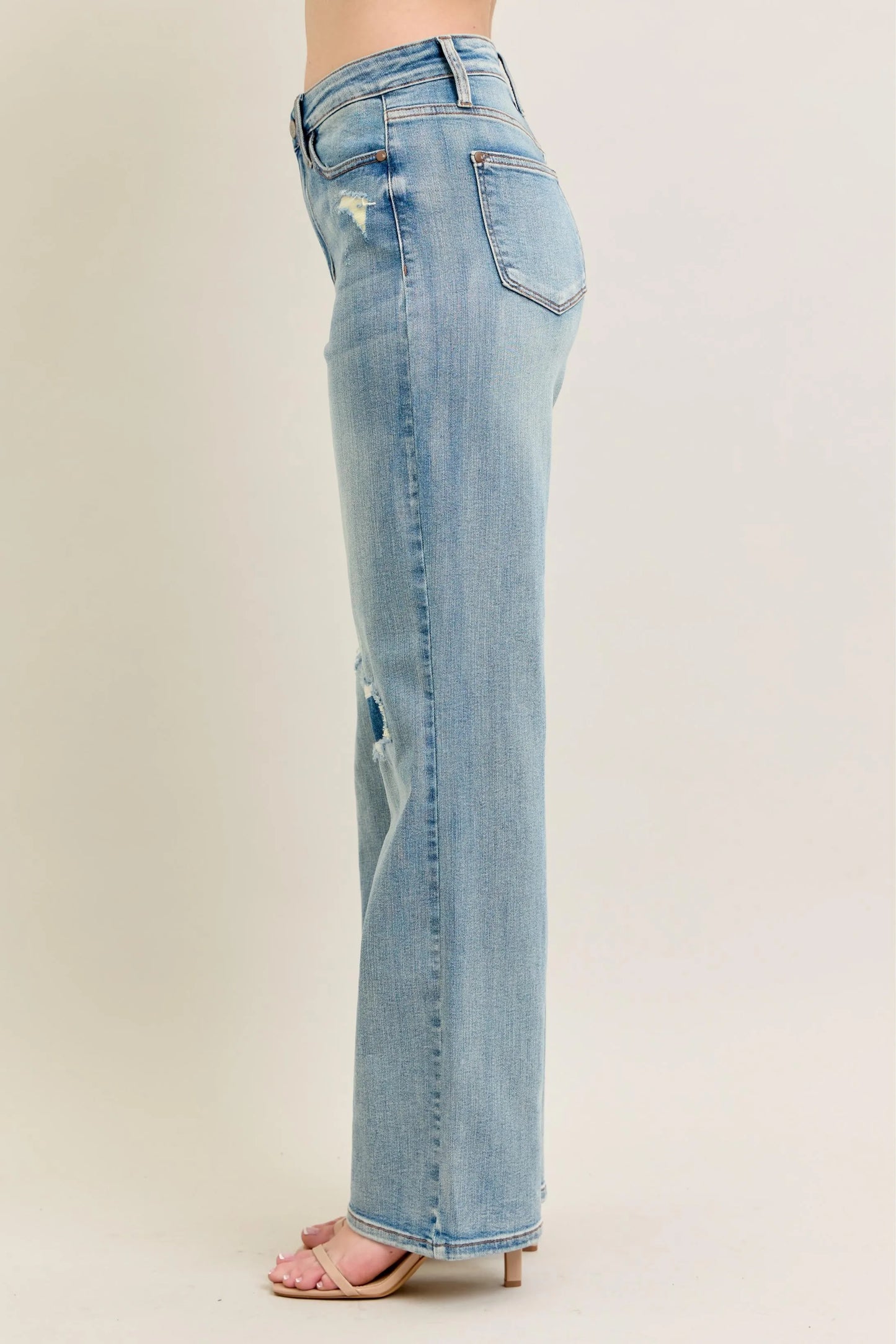 Judy Blue Plus Size High Rise Destroyed Knee Patch Straight Jeans - Love Salve