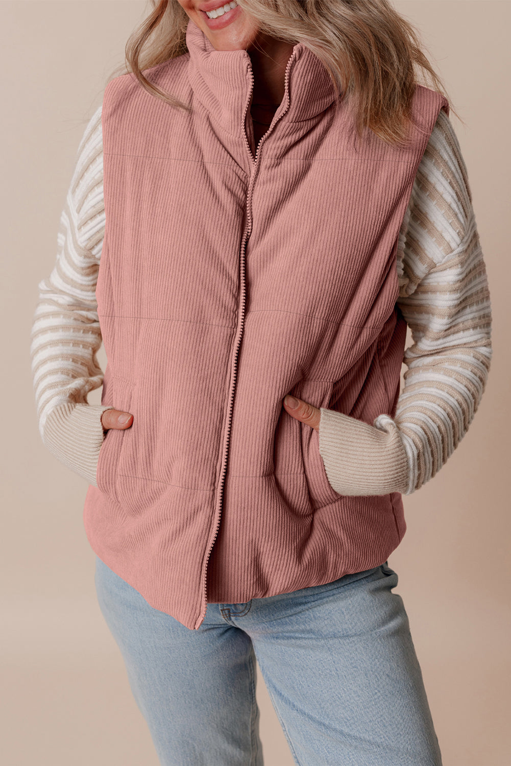 Apricot Pink Corduroy Stand Neck Zipped Puffer Vest by De...