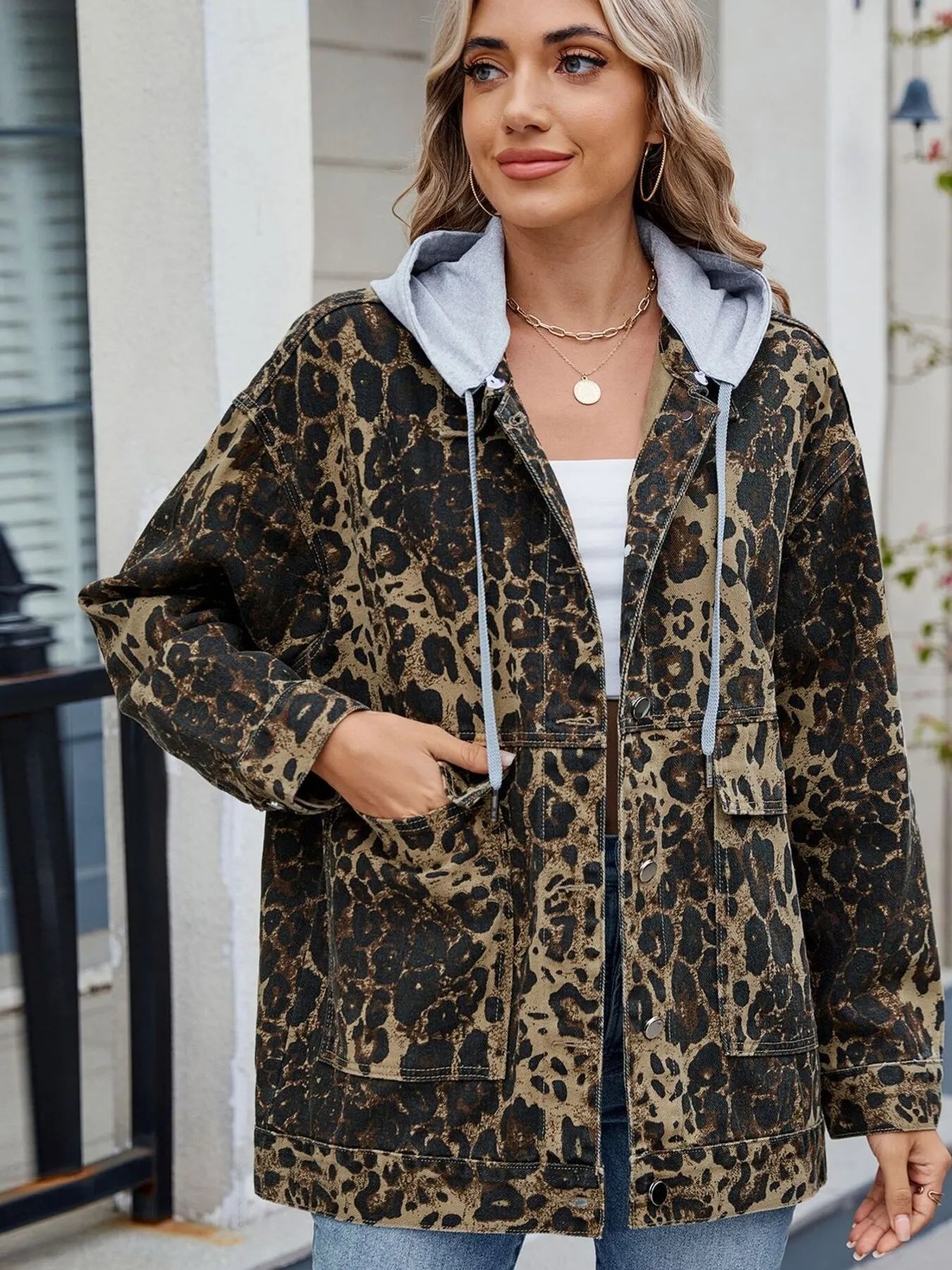 Oversized Button Up Denim Jacket with Hood