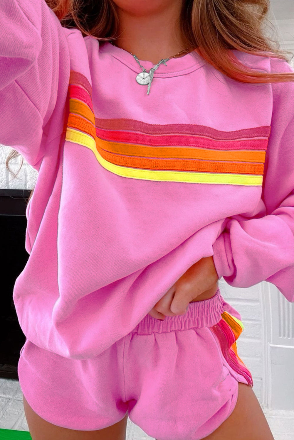 Bonbon Striped Accent Pullover and Shorts Two Piece Set