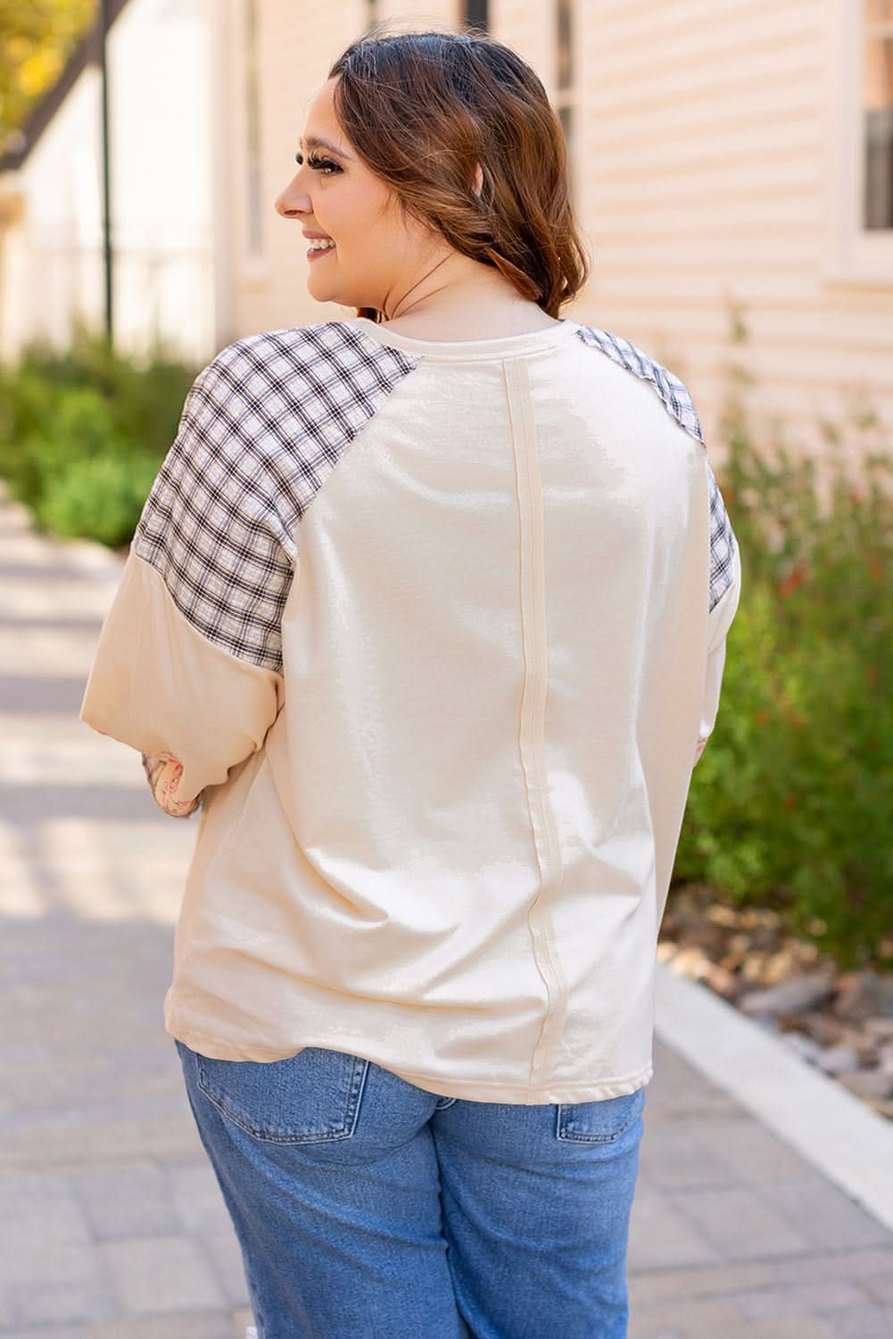 Beige Plaid Floral Peace Heart Graphic Wide Long Sleeve Top - Love Salve