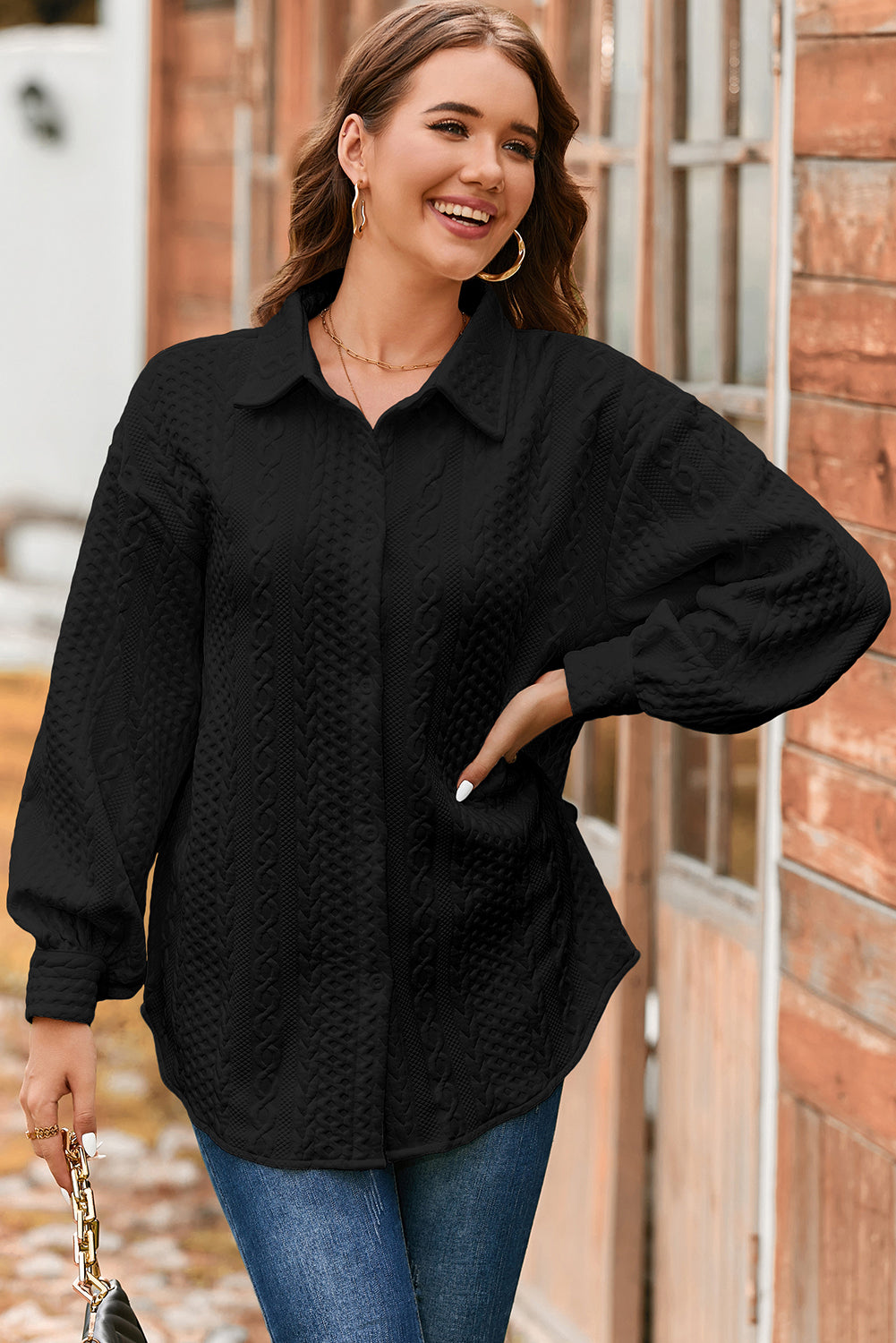 Premium Black Cable Texture Puff Sleeve Shacket Loose Fit Outerwear