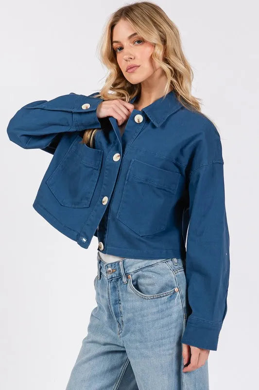 Bytos Button Down Cropped Denim Jacket With Patch Pockets - Love Salve
