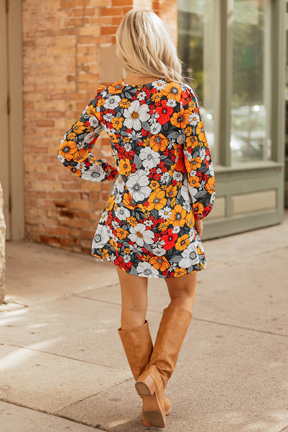 Orange Floral Print Lace V Neck Long Sleeve Mini Dress