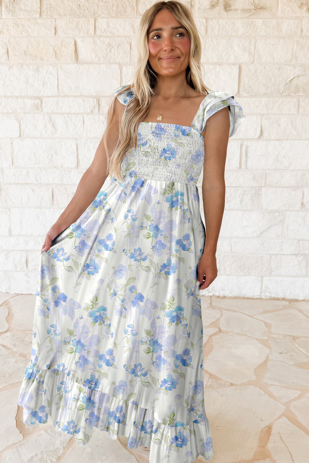 Sky Blue Floral Smocked High Waist Ruffle Sleeveless Dress