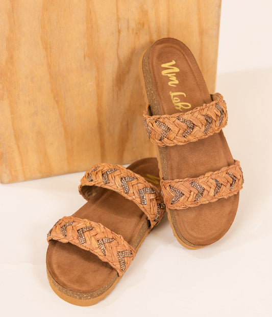 Fia Sandal Tan Leather Footbed Rhinestone Raffia Straps Naughty Monkey