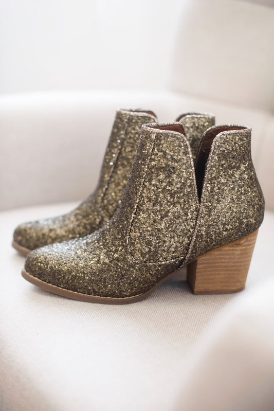 Fiera Glitter Booties Bronze 3 Inch Heel Rubber Sole Naughty Monkey