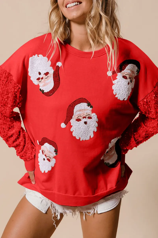 Fiery Red Sequined Santa Claus Long Sleeve Christmas Sweatshirt - Love Salve
