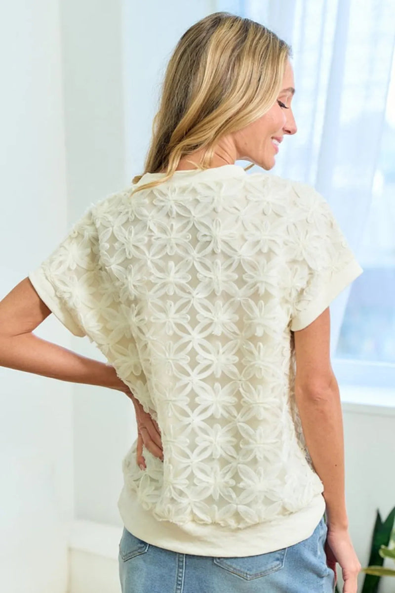 First Love 3D Mesh Flower Round Neck Short Sleeve Top for Women - Love Salve