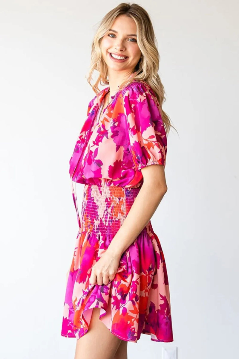 First Love Floral Short Sleeve Smocked Mini Dress for Women - Love Salve