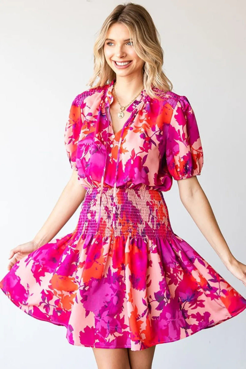 First Love Floral Short Sleeve Smocked Mini Dress for Women - Love Salve