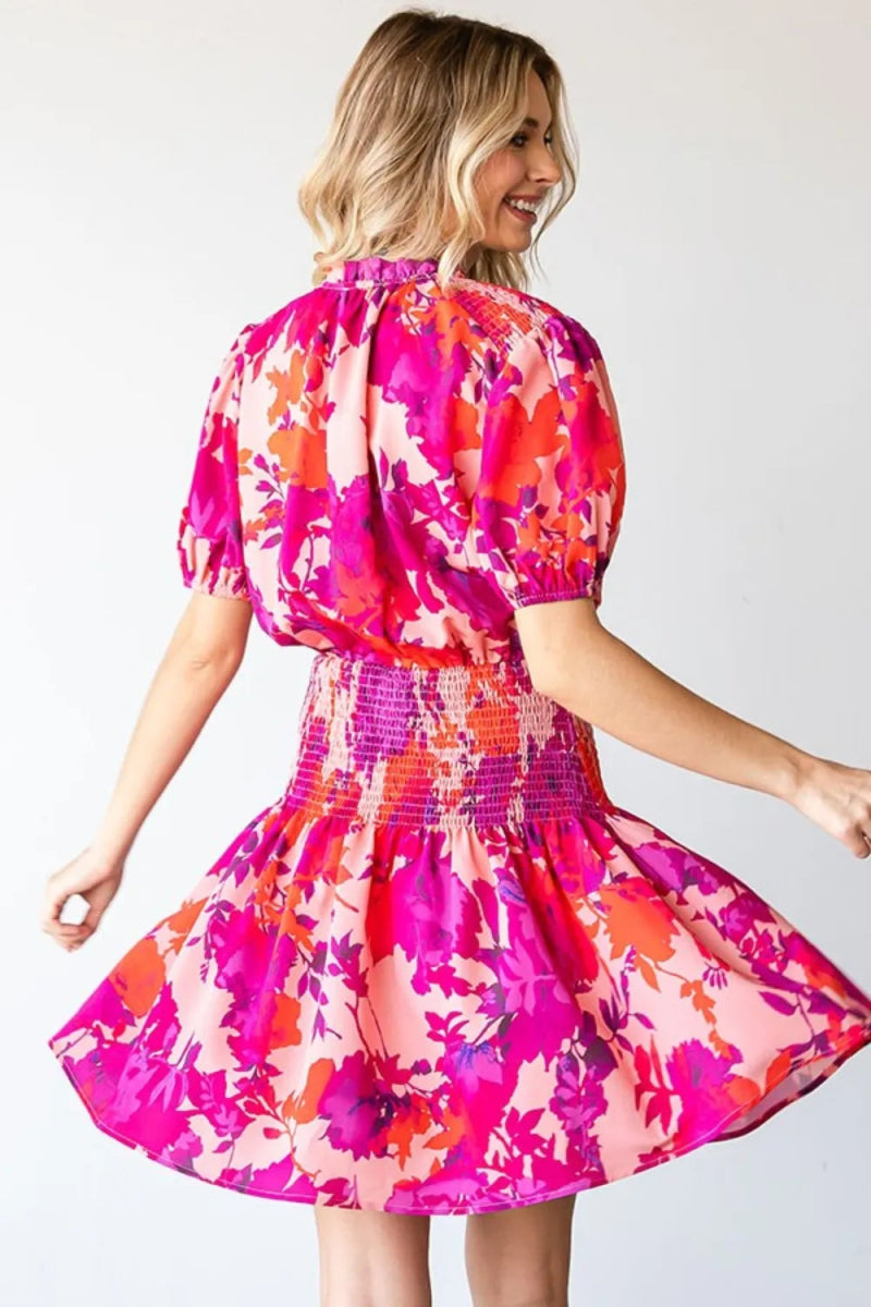 First Love Floral Short Sleeve Smocked Mini Dress for Women - Love Salve