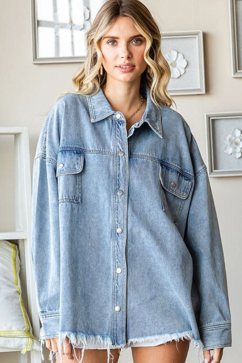 First Love Smile Face Button Down Raw Hem Denim Jacket - Love Salve
