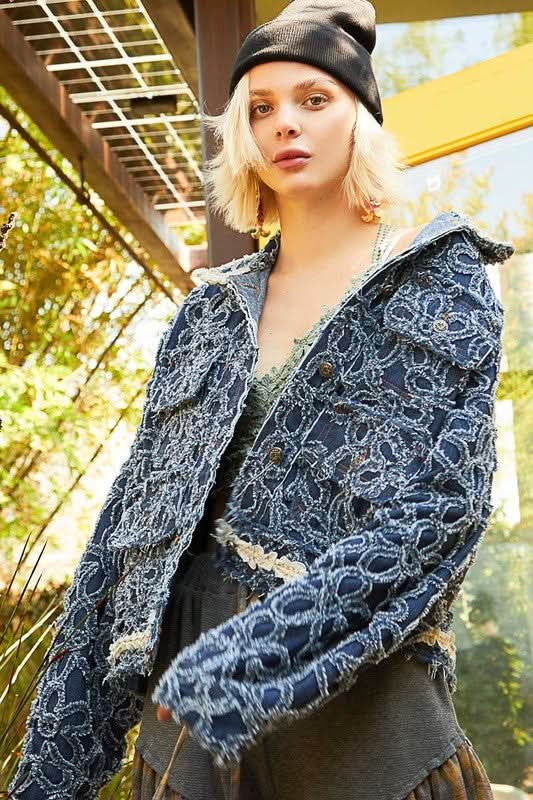 Floral Embellished Raw Hem Long Sleeve Denim Jacket - Love Salve