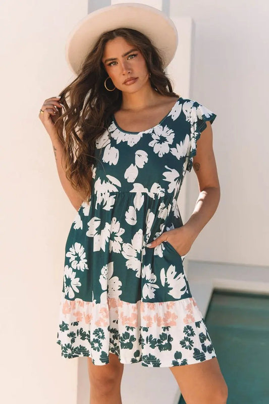 Floral Print Ruffle Sleeve Empire Waist Mini Dress for Women - Love Salve