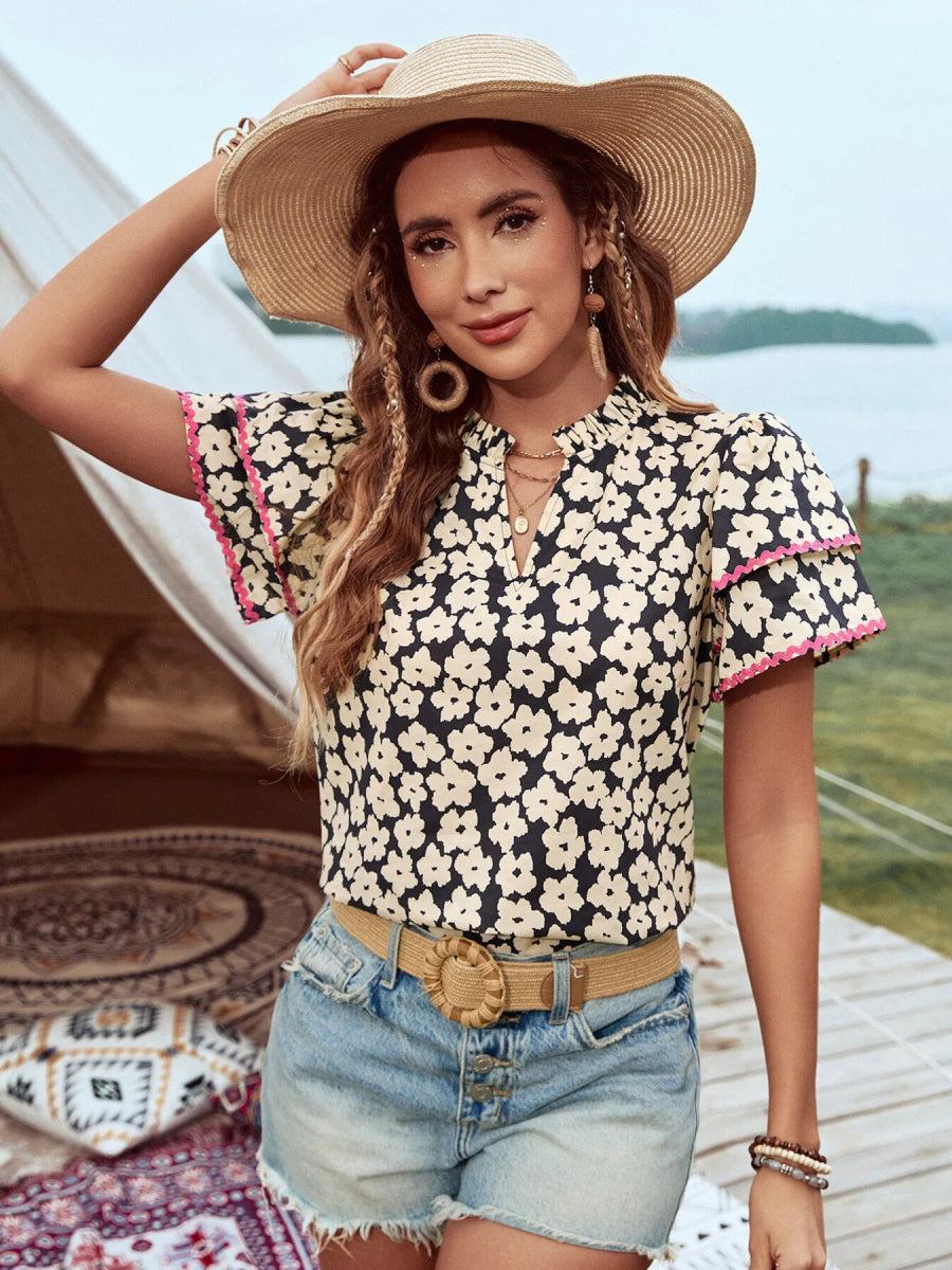 Floral Print Short Sleeve Blouse with Contrast Trim - Love Salve