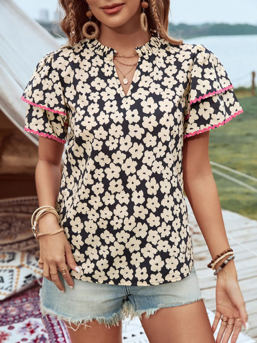 Floral Print Short Sleeve Blouse with Contrast Trim - Love Salve