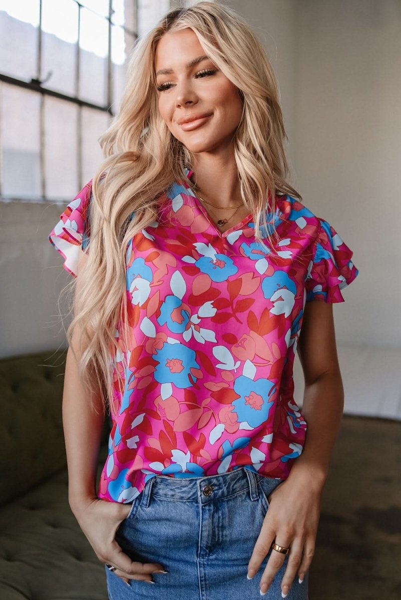 Floral Ruffle Sleeve Blouse in Rose Red - Love Salve