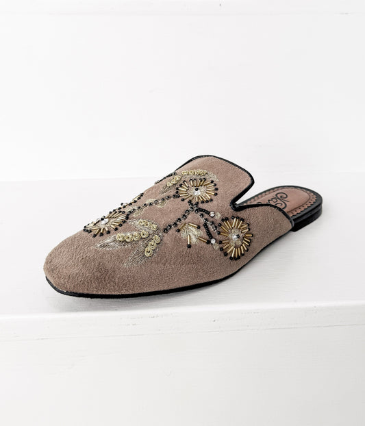 Floral Island Taupe Suede Mules With Embroidered Detail Naughty Monkey