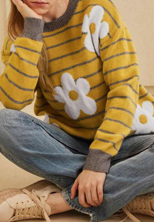 Flower Stripe Round Neck Long Sleeve Sweater - Love Salve