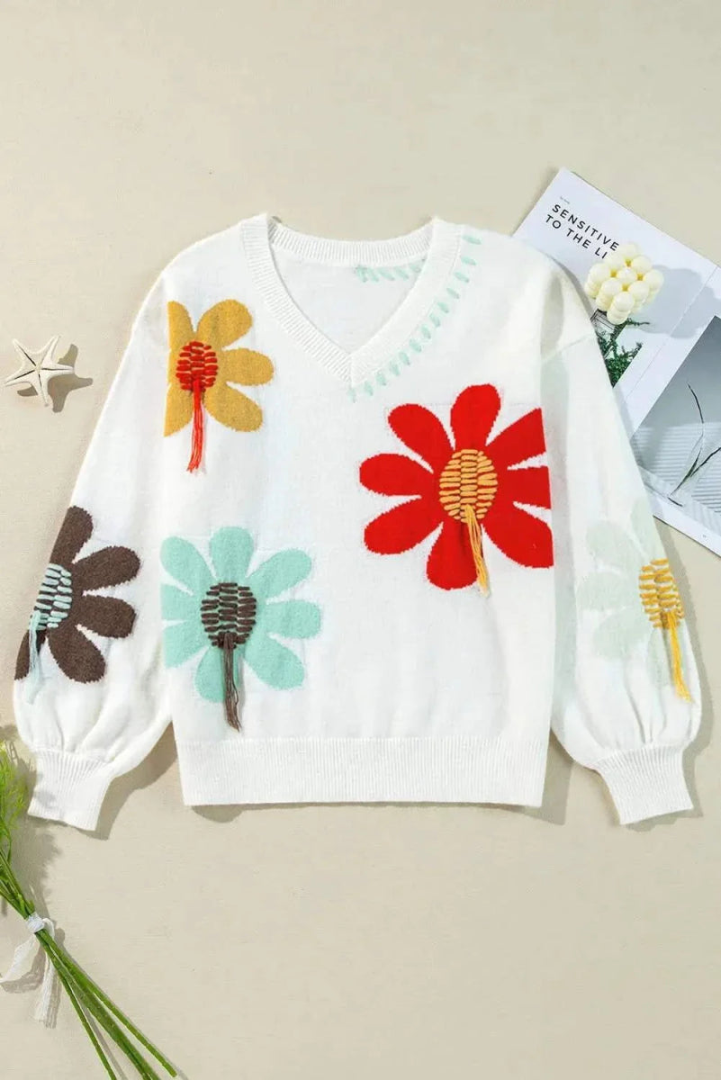 Flower V-Neck Dropped Shoulder Sweater - Love Salve
