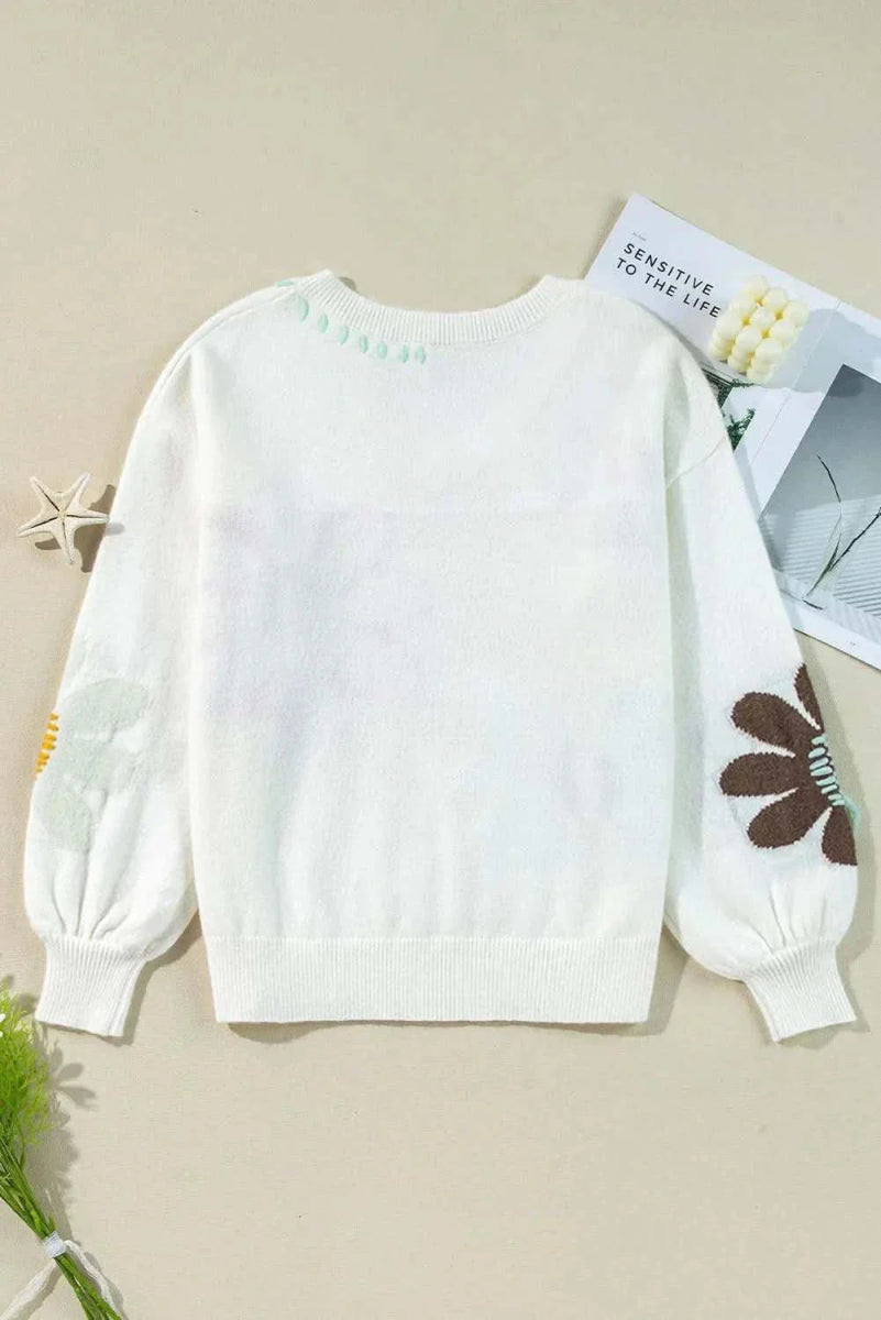 Flower V-Neck Dropped Shoulder Sweater - Love Salve