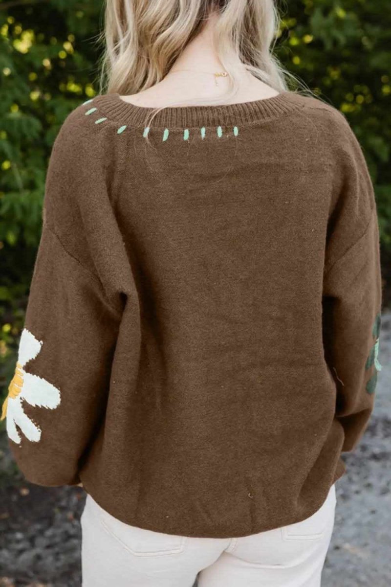 Flower V-Neck Dropped Shoulder Sweater - Love Salve
