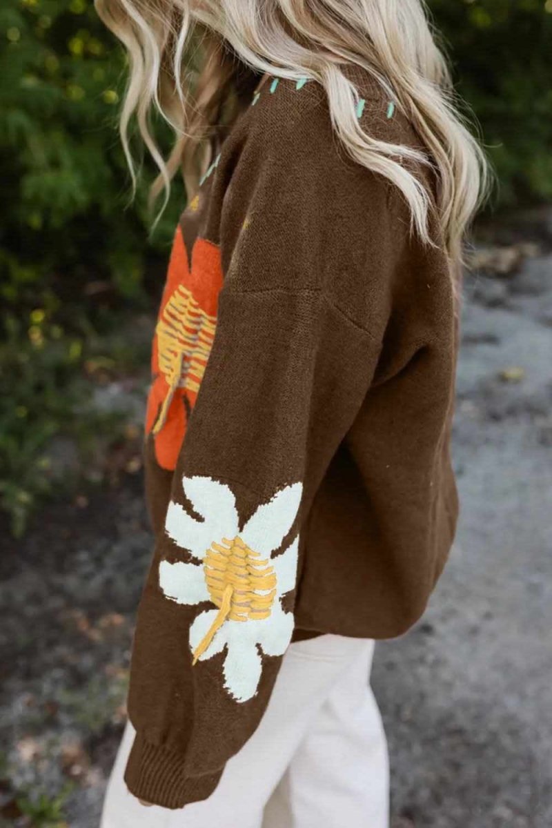 Flower V-Neck Dropped Shoulder Sweater - Love Salve