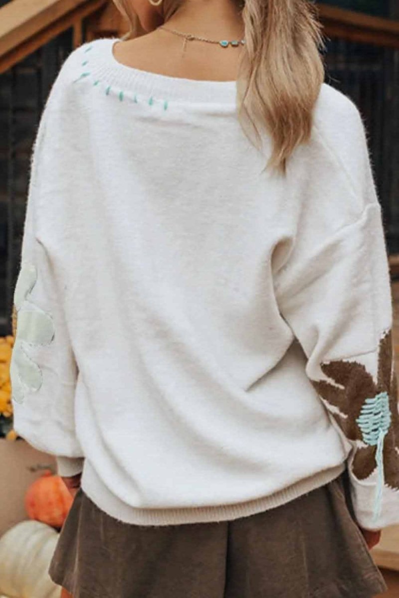 Flower V-Neck Dropped Shoulder Sweater - Love Salve