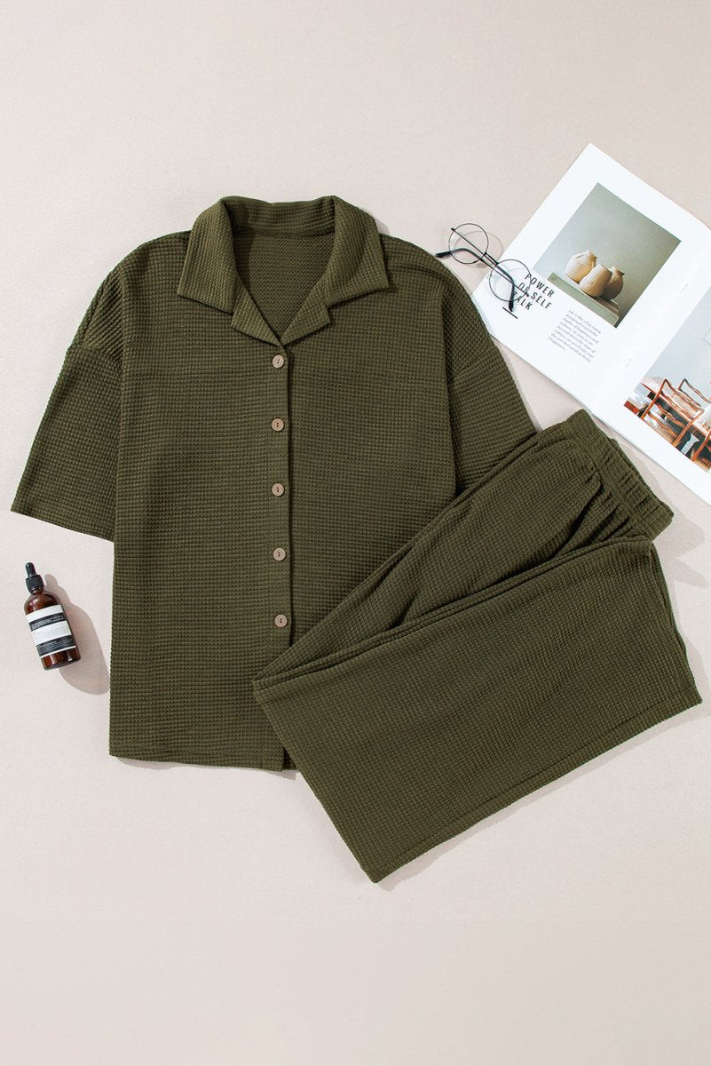 Four Leaf Clover Solid Color Textured Buttoned Shirt Set - Love Salve
