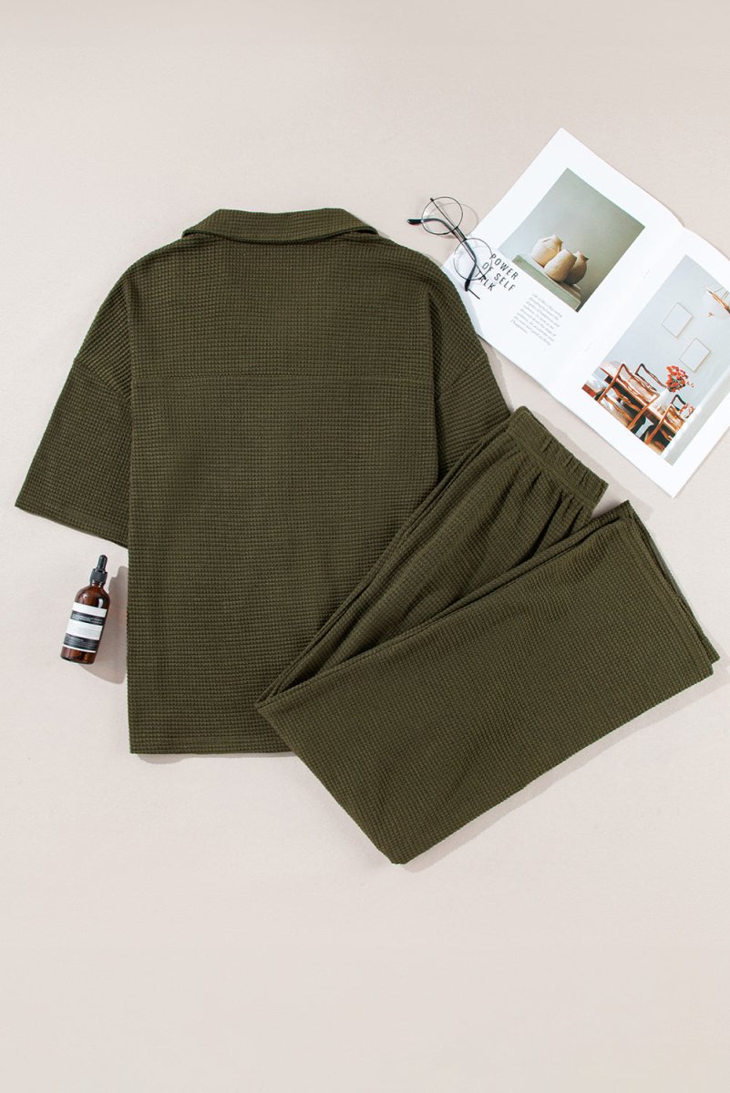 Four Leaf Clover Solid Color Textured Buttoned Shirt Set - Love Salve