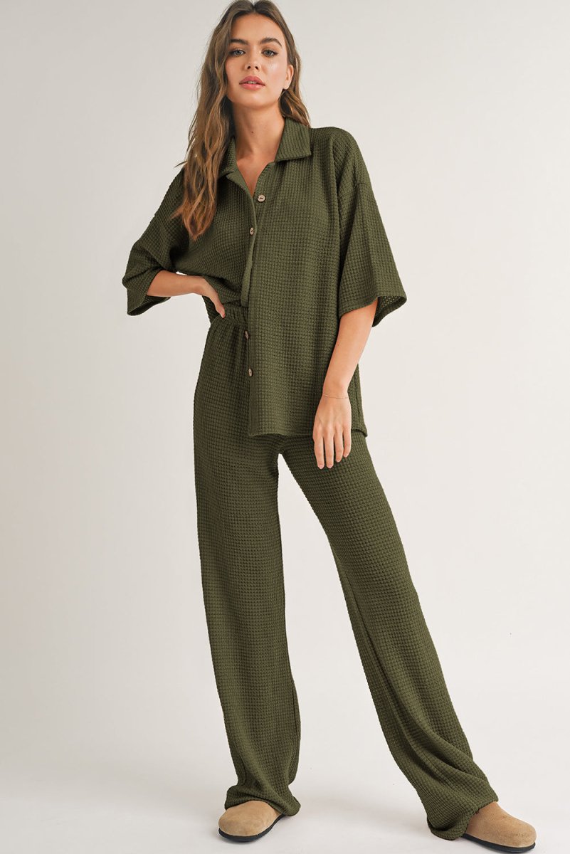 Four Leaf Clover Solid Color Textured Buttoned Shirt Set - Love Salve