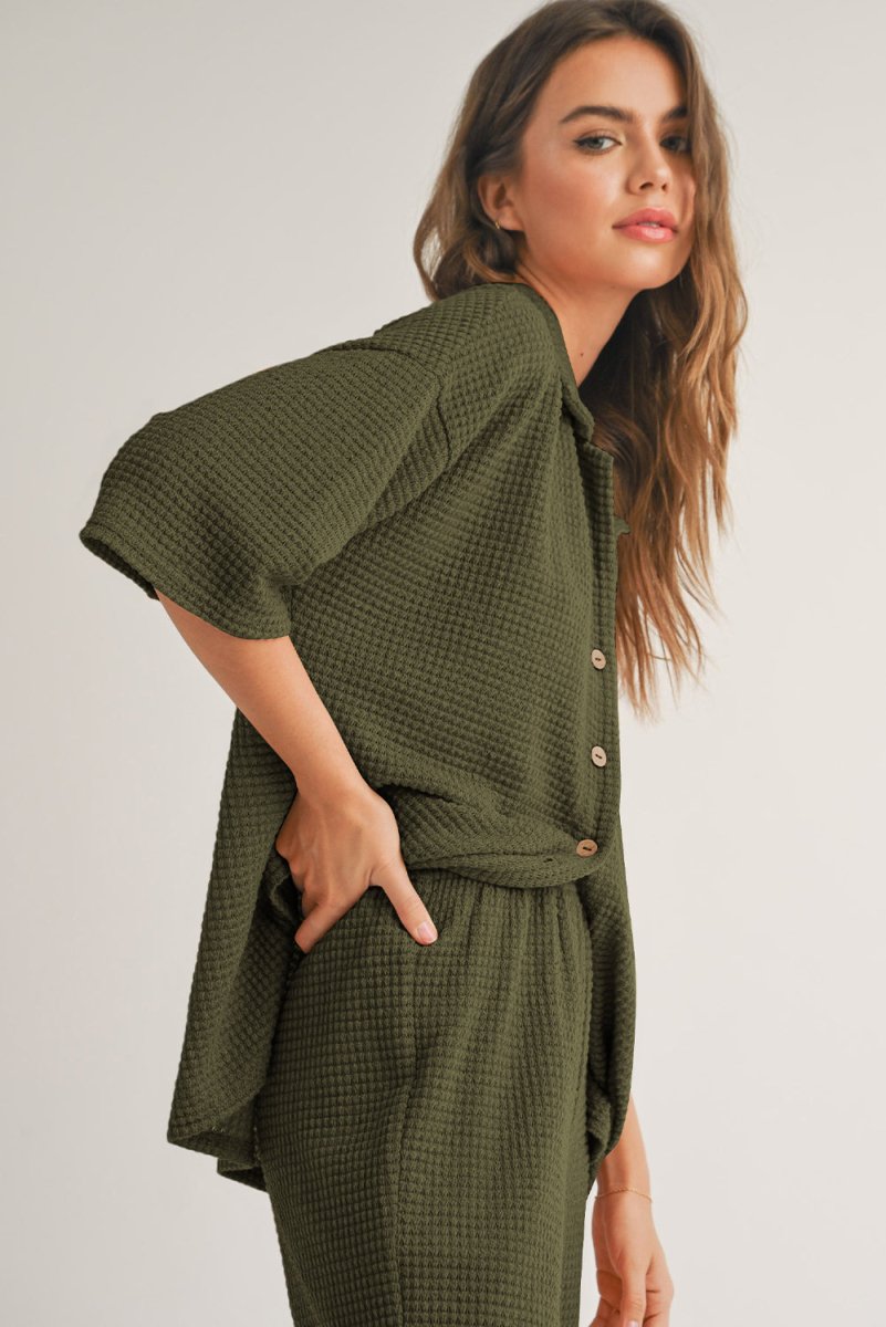 Four Leaf Clover Solid Color Textured Buttoned Shirt Set - Love Salve
