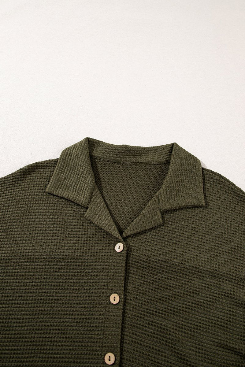 Four Leaf Clover Solid Color Textured Buttoned Shirt Set - Love Salve