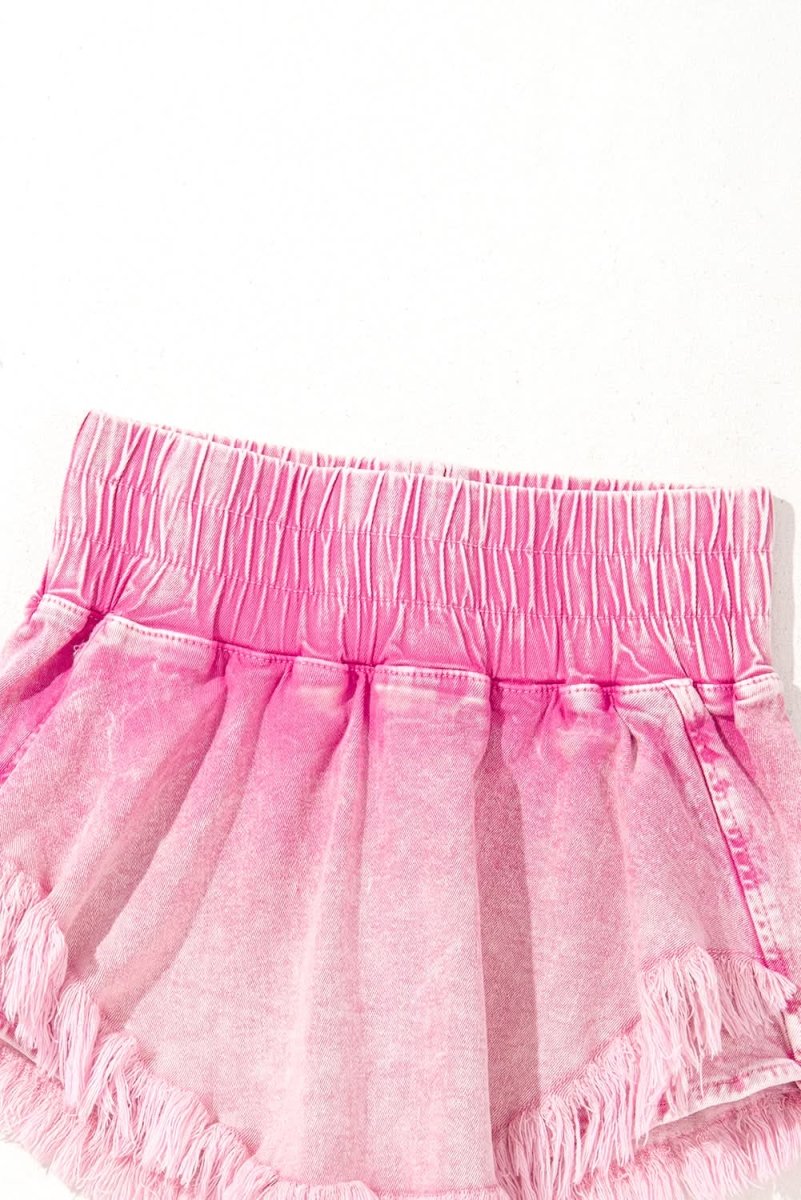 Frayed Pink Denim Shorts with Smocked Waistband - Love Salve