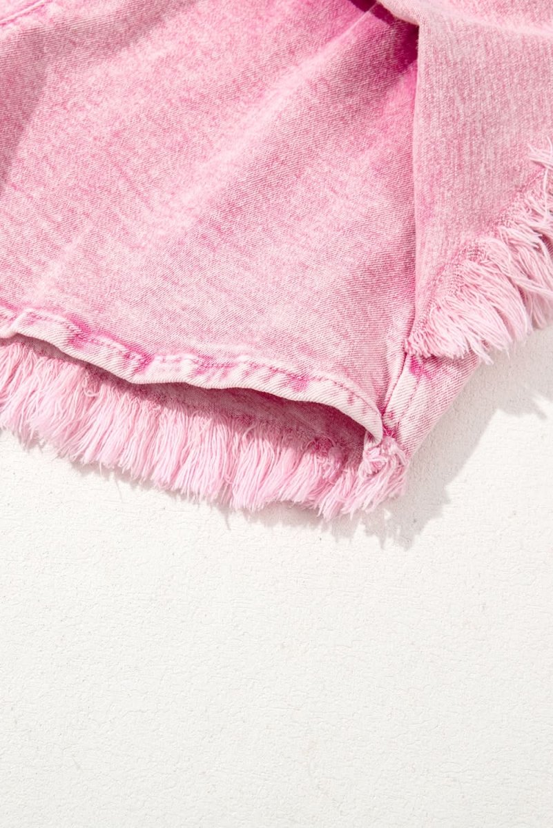 Frayed Pink Denim Shorts with Smocked Waistband - Love Salve