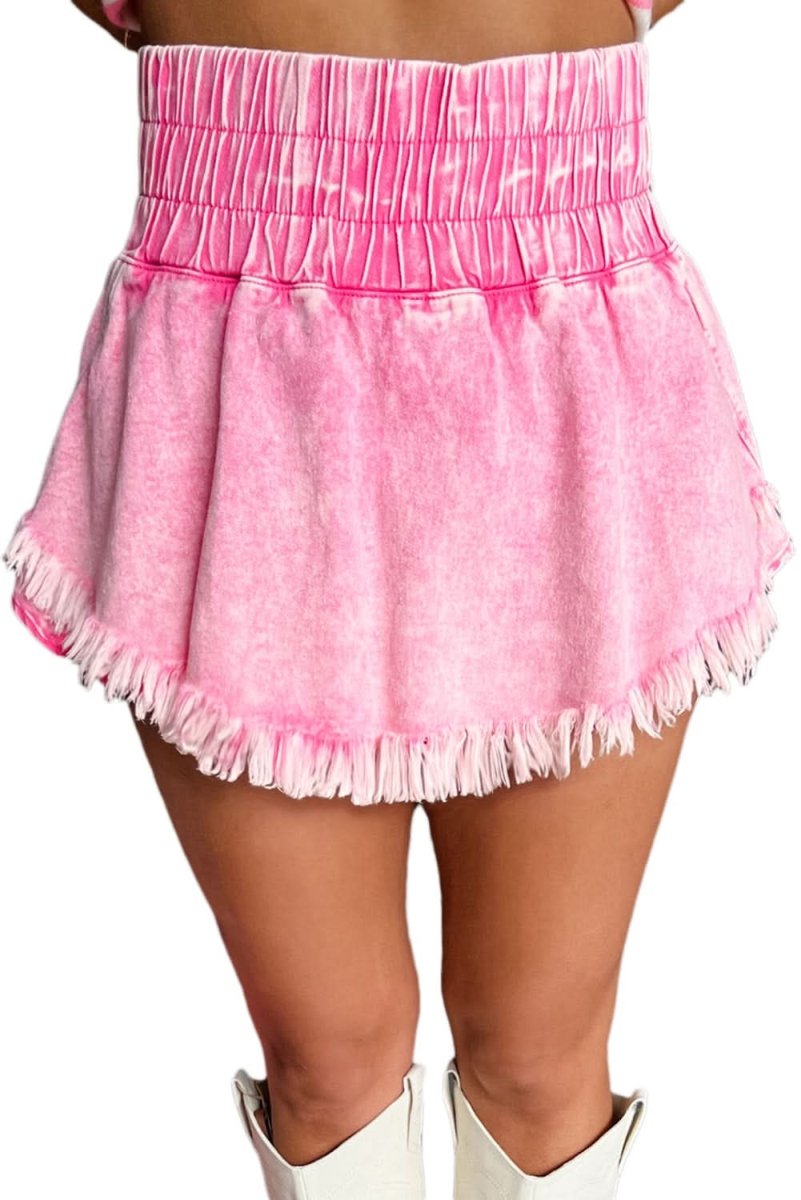 Frayed Pink Denim Shorts with Smocked Waistband - Love Salve