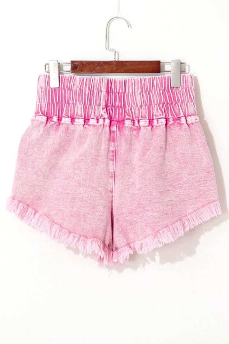 Frayed Pink Denim Shorts with Smocked Waistband - Love Salve