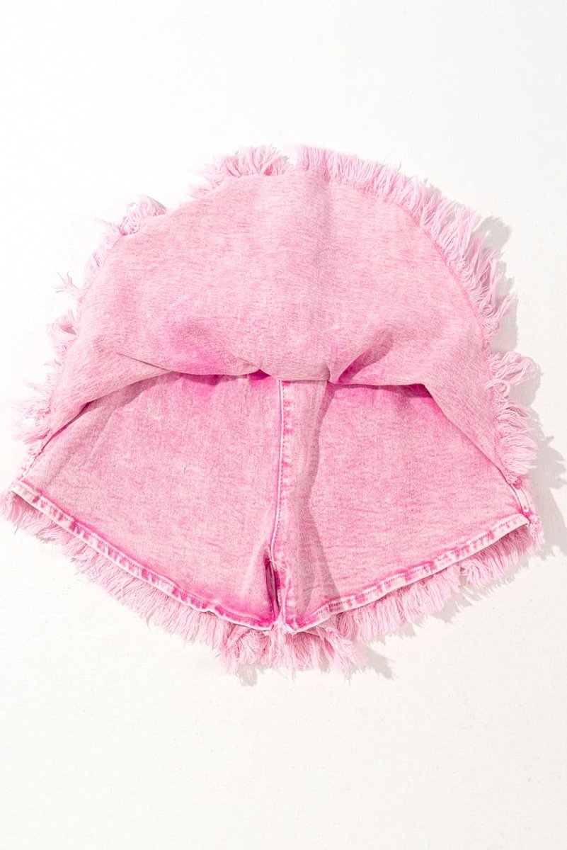 Frayed Pink Denim Shorts with Smocked Waistband - Love Salve