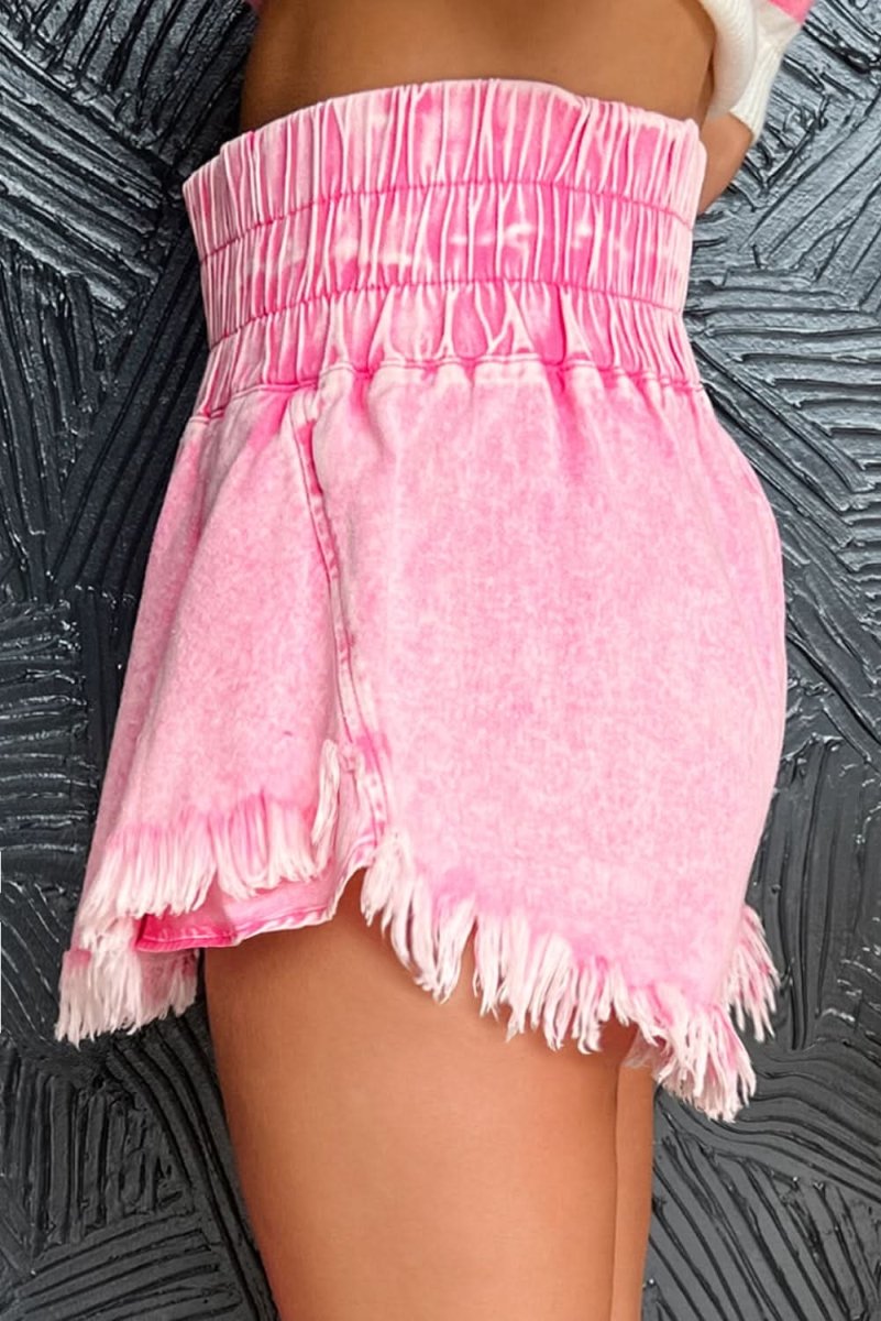 Frayed Pink Denim Shorts with Smocked Waistband - Love Salve
