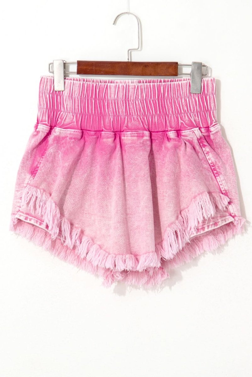 Frayed Pink Denim Shorts with Smocked Waistband - Love Salve