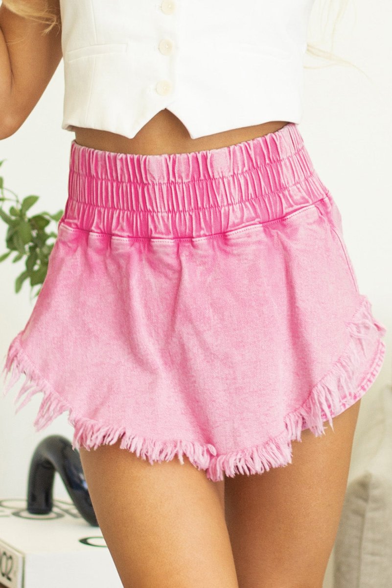 Frayed Pink Denim Shorts with Smocked Waistband - Love Salve