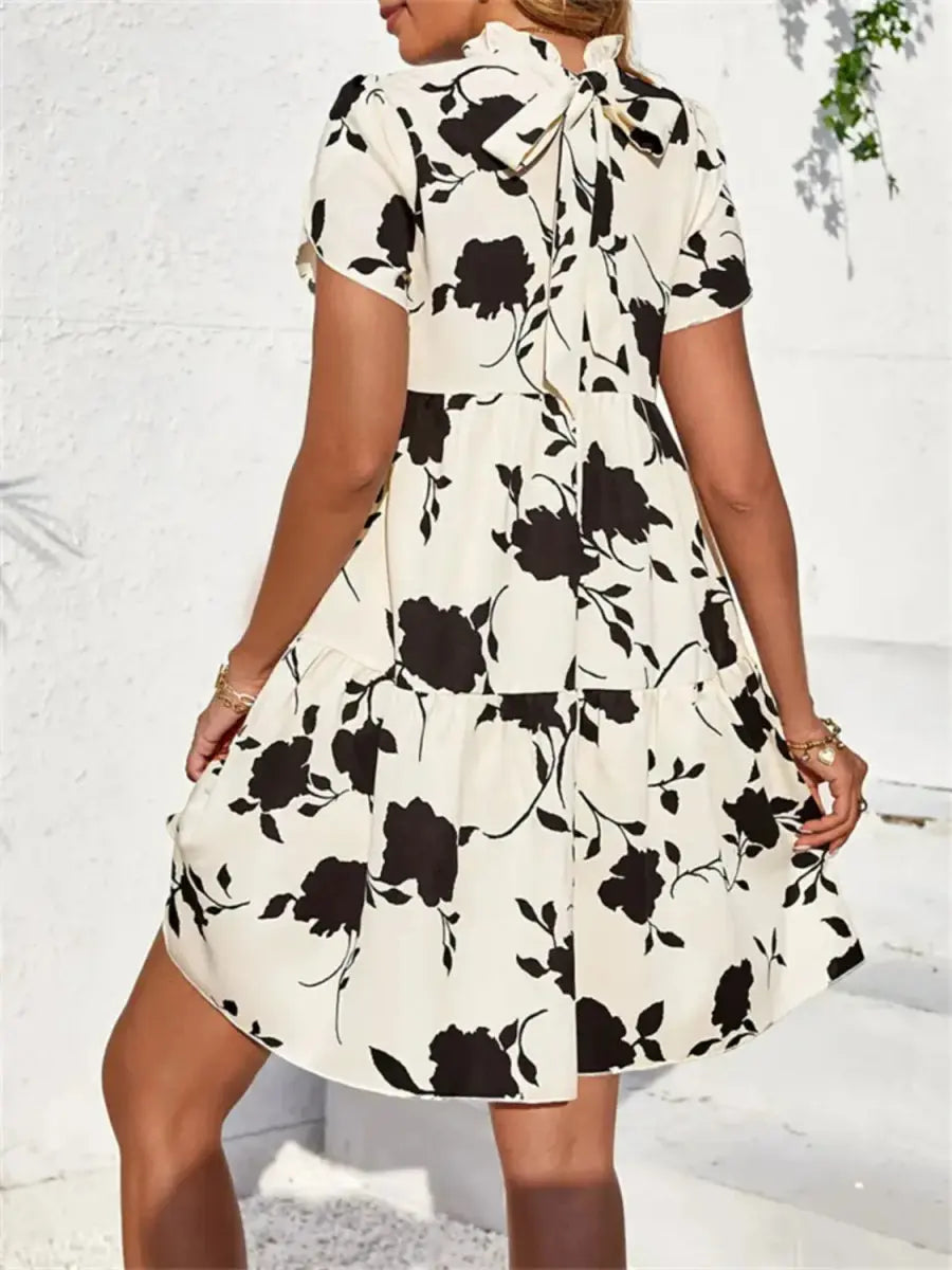 Frill Tiered Printed Short Sleeve Mini Dress for Women - Love Salve