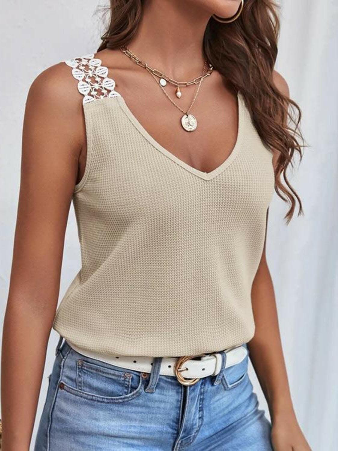 Full Size Lace Detail V-Neck Tank - Love Salve