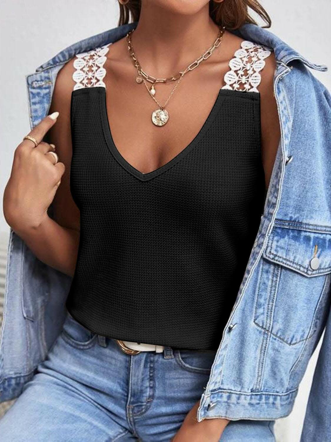 Full Size Lace Detail V-Neck Tank - Love Salve