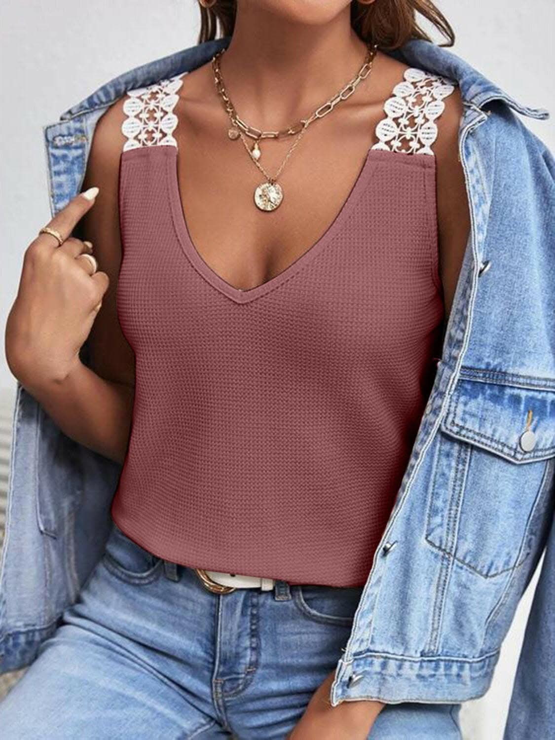 Full Size Lace Detail V-Neck Tank - Love Salve