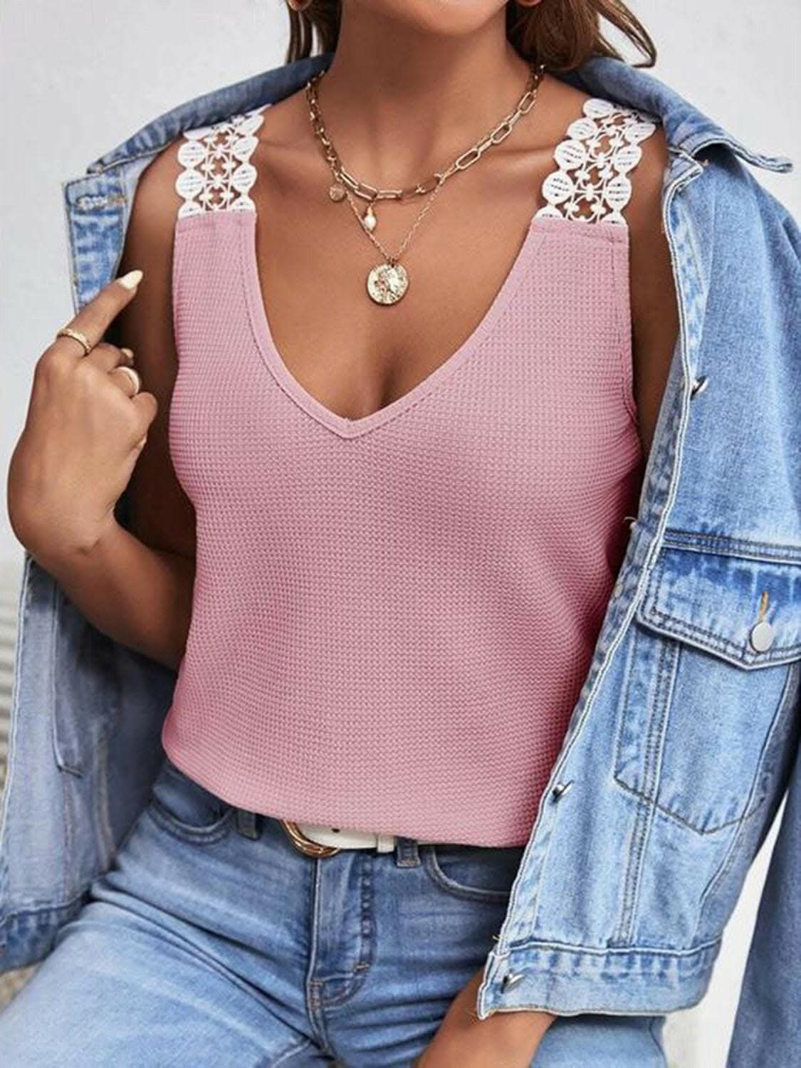 Full Size Lace Detail V-Neck Tank - Love Salve