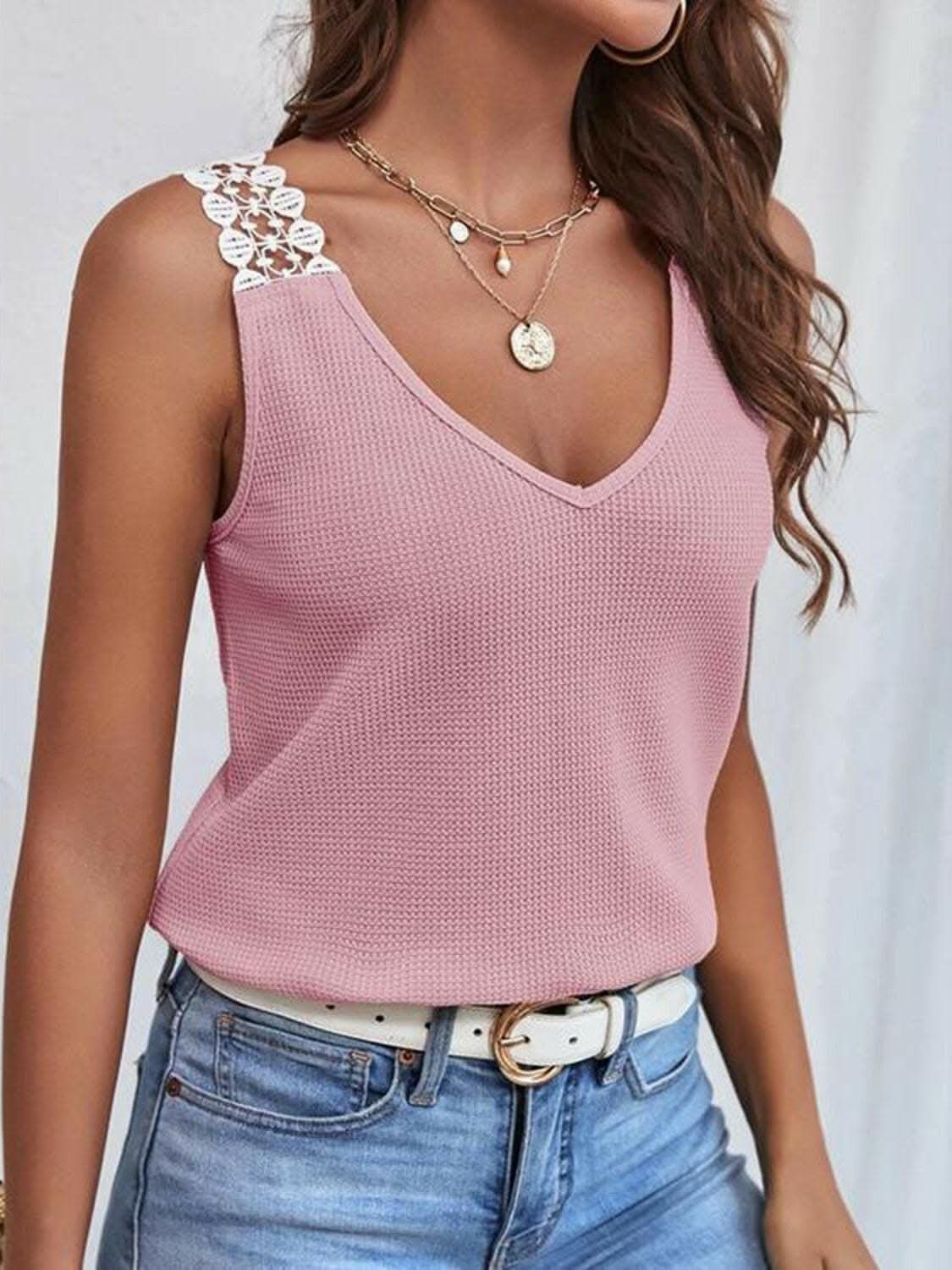 Full Size Lace Detail V-Neck Tank - Love Salve